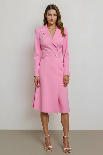 Pink Notched Lapel Midi Pencil Blazer Dress with Belt