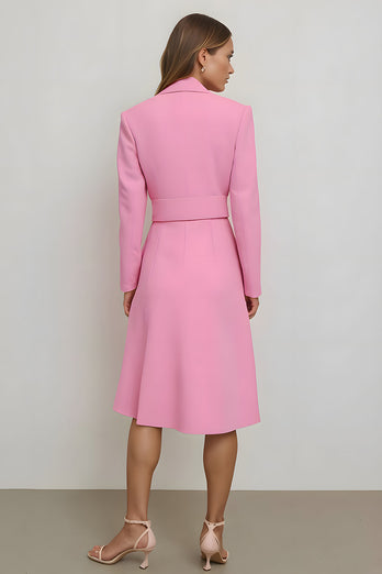 Pink Notched Lapel Midi Pencil Blazer Dress with Belt