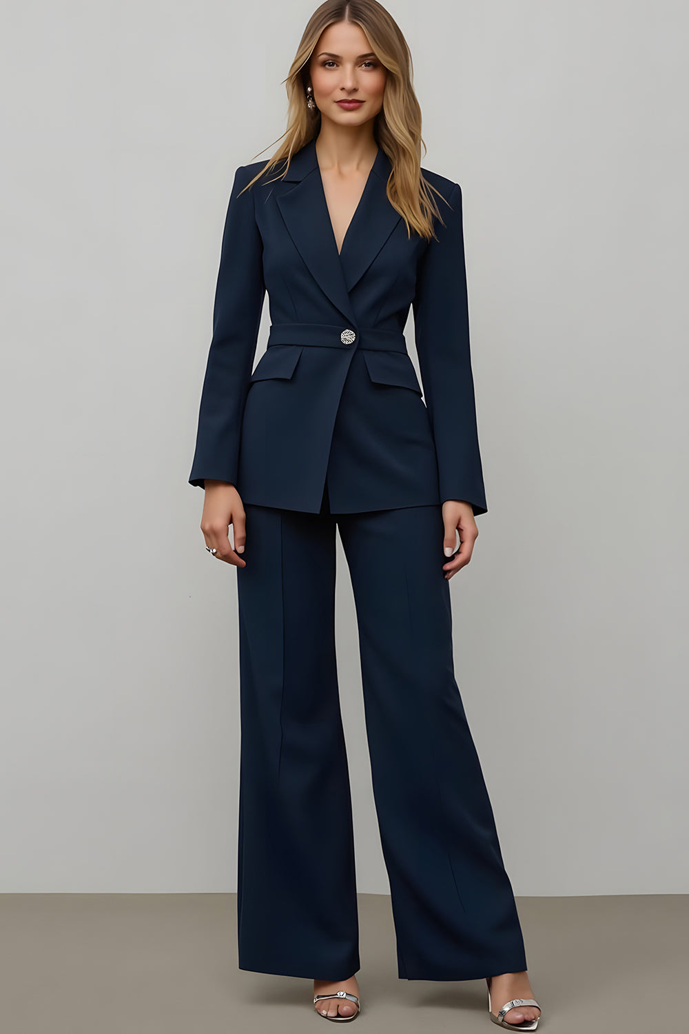 Navy Satin 2 Piece Notched Lapel Women Prom Suits