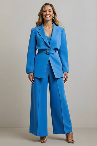 Blue 2 Piece Notched Lapel Women Prom Suits with Belts
