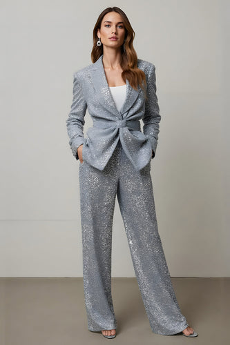 Sparkly Grey Sequin 2 Piece Women Prom Suits with Pockets