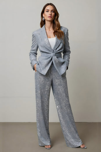 Sparkly Grey Sequin 2 Piece Women Prom Suits with Pockets
