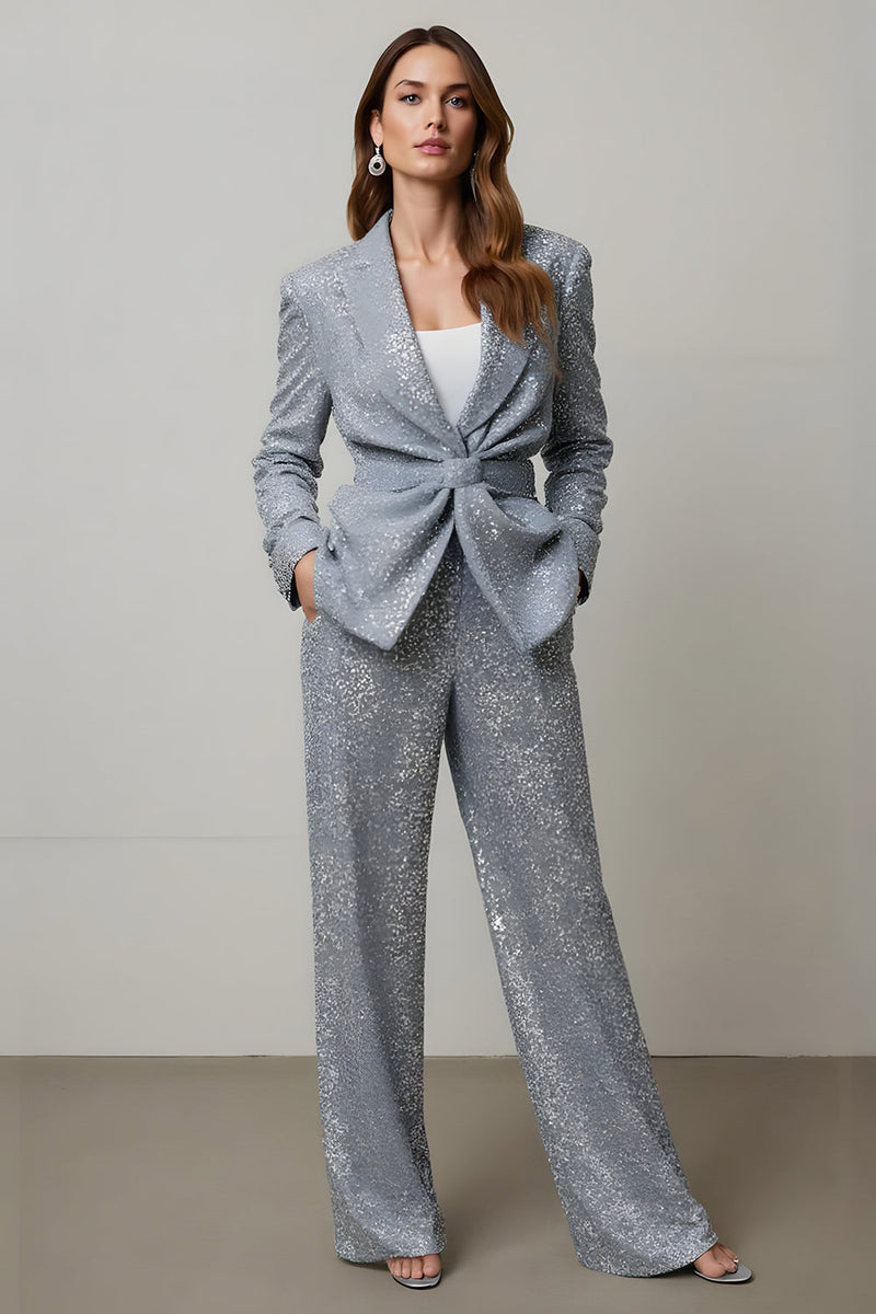 Load image into Gallery viewer, Sparkly Grey Sequin 2 Piece Women Prom Suits with Pockets