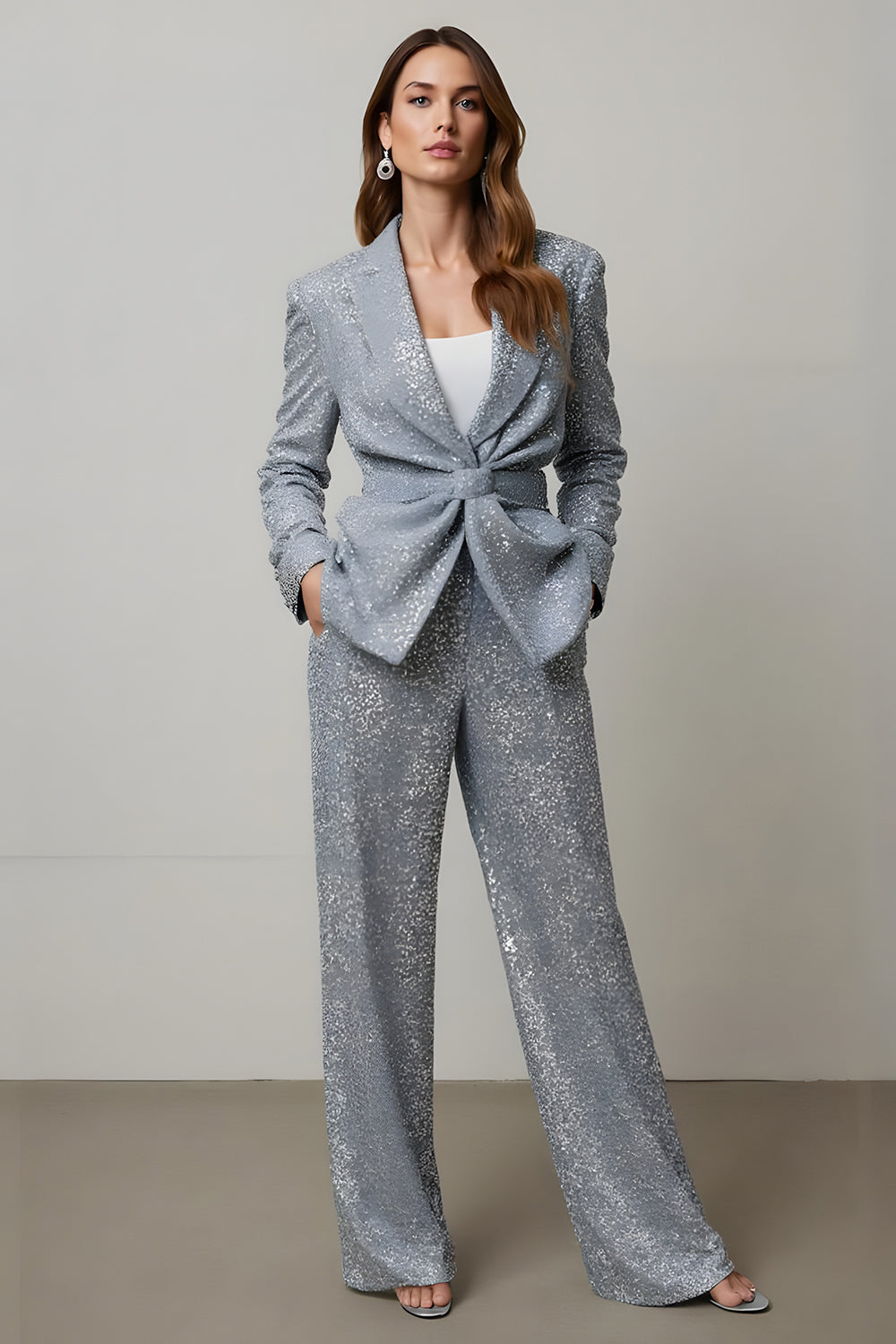 Sparkly Grey Sequin 2 Piece Women Prom Suits with Pockets