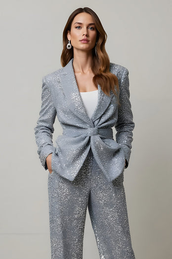 Sparkly Grey Sequin 2 Piece Women Prom Suits with Pockets