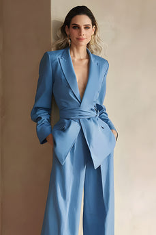 Blue 2 Piece Peak Lapel Women Prom Suits with Sash