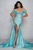 Load image into Gallery viewer, Blue Off the Shoulder Mermaid Long Formal Dress with Slit