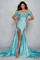 Load image into Gallery viewer, Blue Off the Shoulder Mermaid Long Formal Dress with Slit