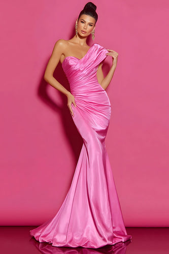 Simple Hot Pink One Shoulder Long Mermaid Formal Dress