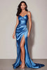 Load image into Gallery viewer, Dark Blue Spaghetti Straps Ruched Long Formal Dress with Slit