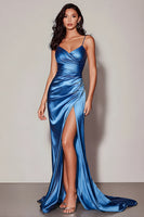 Load image into Gallery viewer, Dark Blue Spaghetti Straps Ruched Long Formal Dress with Slit