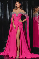 Load image into Gallery viewer, Sparkly Fuchsia Off the Shoulder A Line Long Formal Dress with Slit