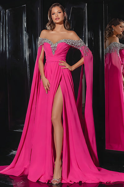 Sparkly Fuchsia Off the Shoulder A Line Long Formal Dress with Slit