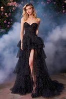 Load image into Gallery viewer, Black and White Dot Sweetheart Tiered Long Formal Dress with Slit