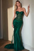 Load image into Gallery viewer, Dark Green Corset Strapless Mermaid Long Formal Dress with Lace
