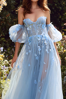 Light Blue Off the Shoulder Floral A Line Long Formal Dress