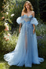 Load image into Gallery viewer, Light Blue Floral A Line Off the Shoulder Long Formal Dress