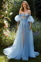 Load image into Gallery viewer, Light Blue Floral A Line Off the Shoulder Long Formal Dress