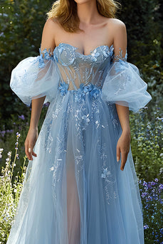 Light Blue Floral A Line Off the Shoulder Long Formal Dress