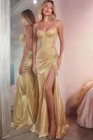 Load image into Gallery viewer, Golden Spaghetti Straps Mermaid Long Formal Dress with Slit