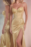 Load image into Gallery viewer, Golden Spaghetti Straps Mermaid Long Formal Dress with Slit