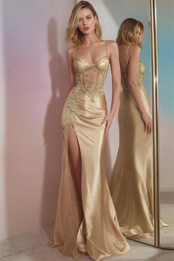Sparkly Golden Corset Mermaid Long Formal Dress with Slit