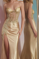 Load image into Gallery viewer, Sparkly Golden Corset Mermaid Long Formal Dress with Slit