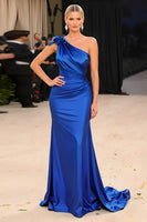 Load image into Gallery viewer, Royal Blue One Shoulder Mermaid Long Formal Dress with 3D Flower