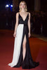 Load image into Gallery viewer, Patchwork Deep V-Neck Long Black and White Formal Dress with Slit