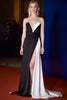 Load image into Gallery viewer, Strapless Patchwork Long Black and White Formal Dress with Slit