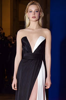 Load image into Gallery viewer, Strapless Patchwork Long Black and White Formal Dress with Slit
