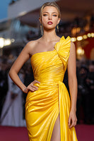 Load image into Gallery viewer, Yellow One Shoulder Long Formal Dress with Slit
