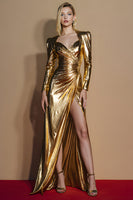 Load image into Gallery viewer, Golden Glitter Ruched Long Sleeves Formal Dress with Slit