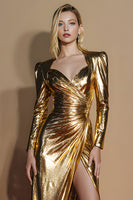 Load image into Gallery viewer, Golden Glitter Ruched Long Sleeves Formal Dress with Slit