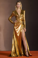 Load image into Gallery viewer, Golden Glitter V-Neck Long Sleeves Formal Dress with Slit