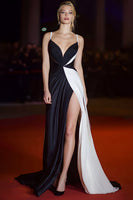 Load image into Gallery viewer, Spaghetti Straps Patchwork Long Black and White Formal Dress with Slit