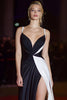 Load image into Gallery viewer, Spaghetti Straps Patchwork Long Black and White Formal Dress with Slit