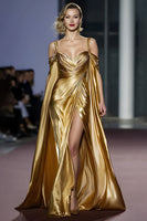 Load image into Gallery viewer, Golden Cold Shoulder Metallic Long Formal Dress with Slit