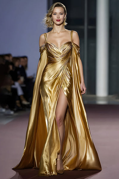 Golden Cold Shoulder Metallic Long Formal Dress with Slit