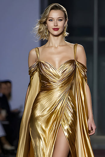Golden Cold Shoulder Metallic Long Formal Dress with Slit