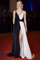 Load image into Gallery viewer, Deep V-Neck A Line Patchwork Long Black and White Formal Dress with Slit
