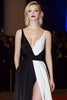 Load image into Gallery viewer, Deep V-Neck A Line Patchwork Long Black and White Formal Dress with Slit