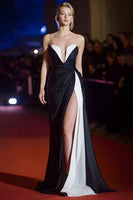 Load image into Gallery viewer, Patchwork Ruched Strapless Long Black and White Formal Dress with Slit