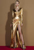 Load image into Gallery viewer, Golden Metallic V-Neck Glitter Long Sleeves Formal Dress with Slit