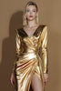 Load image into Gallery viewer, Golden Metallic V-Neck Glitter Long Sleeves Formal Dress with Slit