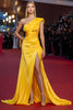 Load image into Gallery viewer, Yellow Ruched One Shoulder Long Formal Dress with Slit