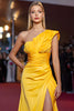 Load image into Gallery viewer, Yellow Ruched One Shoulder Long Formal Dress with Slit