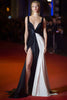 Load image into Gallery viewer, Simple Patchwork Ruched Long Black and White Formal Dress with Slit