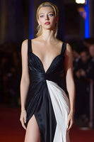 Load image into Gallery viewer, Simple Patchwork Ruched Long Black and White Formal Dress with Slit