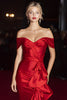 Load image into Gallery viewer, Red Mermaid Off the Shoulder Long Formal Dress with Ruffles